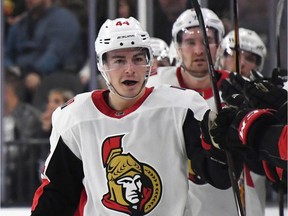 Jean-Gabriel Pageau heads the celebration line in front of the Senators bench after scoring against the Golden Knights on Friday night.