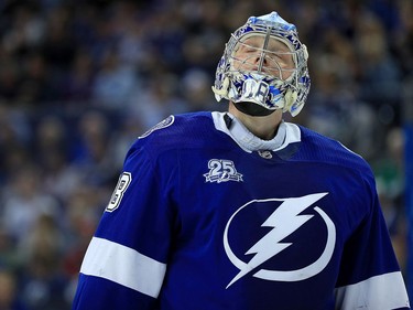 Andrei Vasilevskiy #88 of the Tampa Bay Lightning reacts after giving up a third goal in the first period during a game against the Ottawa Senators at Amalie Arena on March 13, 2018 in Tampa, Florida.