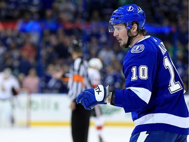 J.T. Miller #10 of the Tampa Bay Lightning reacts after scoring a goal during a game against the Ottawa Senators at Amalie Arena on March 13, 2018 in Tampa, Florida.
