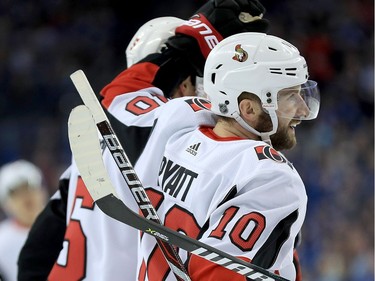 Tom Pyatt #10 of the Ottawa Senators celebrates a goal during a game against the Tampa Bay Lightning at Amalie Arena on March 13, 2018 in Tampa, Florida.