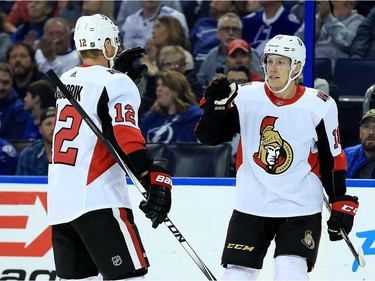 Ryan Dzingel #18 of the Ottawa Senators celebrates a goal during a game against the Tampa Bay Lightning at Amalie Arena on March 13, 2018 in Tampa, Florida.