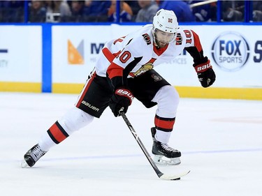 Tom Pyatt #10 of the Ottawa Senators looks to pass during a game against the Tampa Bay Lightning at Amalie Arena on March 13, 2018 in Tampa, Florida.