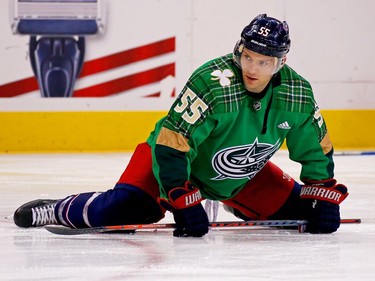 The Blue Jackets' Mark Letestu is kind of green with the special jersey worn during the pre-game warmup for Saturday's contest against the Senators. The special jerseys were to be auctioned off for the benefit of the Blue Jackets' charitable foundation.