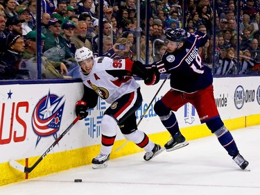 COLUMBUS, OH - MARCH 17:  Matt Duchene #95 of the Ottawa Senators and Pierre-Luc Dubois #18 of the Columbus Blue Jackets battle for control of the puck during the third period on March 17, 2018 at Nationwide Arena in Columbus, Ohio. Columbus defeated Ottawa 2-1.