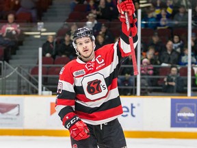 Ottawa 67's captain Travis Barron celebrates a goal, Jan. 6, 2018. (File photo)