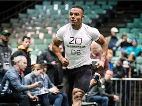 Jackson Bennett (20) from the University of Ottawa Gee-Gees runs a sprint during the CFL Combine at Winnipeg on Saturday.