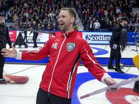 Skip Brad Gushue of Team Canada reacts after beating Alberta's Brendan Bottcher rink 6-4 in Sunday's final of the Tim Hortons Brier in Regina. It was Gushue's second straight national title.