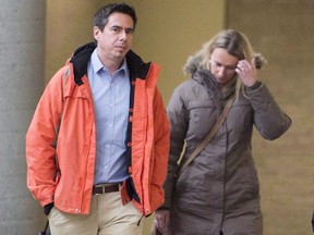 Magdalena Biron and Bernard Biron, whose daughter Vanessa was severely mauled by a pit bull-type dog, leave the courtroom in Longueuil, Que., on Feb. 20, 2018.