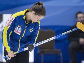 Sweden skip Anna Hasselborg reacts after missing a shot as they face Canada at the World Women's Curling Championship Wednesday, March 21, 2018 in North Bay, Ont.