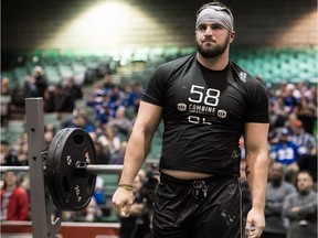 UBC offensive lineman Dakoda Shepley was tops in the bench press - with 27 reps - during the CFL Combine in Winnipeg.