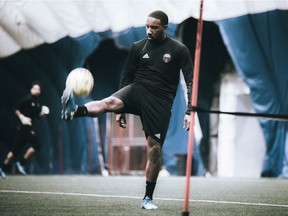 Ottawa's Jamar Dixon performs a ball handling drill during a Fury FC preseason practice. OSEG photo