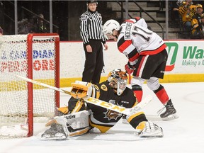 67's forward Mitchell Hoelscher comes up empty on a penalty-shot attempt against Bulldogs netminder Kaden Fulcher in the second period of Friday's game in Hamilton. Brandon Taylor photo.