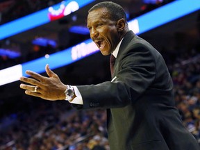 Toronto Raptors head coach Dwane Casey gestures to a player during an NBA game against the Philadelphia 76ers on Jan. 15, 2018