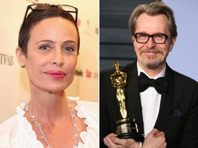 Donya Fiorentino and Gary Oldman, with his Best Actor Oscar for The Darkest Hour, are seen in a combination shot. (Jonathan Leibson/Getty Images for Star Magazine/JEAN-BAPTISTE LACROIX/AFP/Getty Images)
