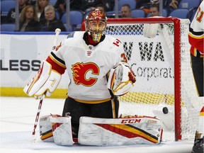 Calgary Flames goalie David Rittich allowed just this one goal in a 5-1 win over Buffalo this week, but before that he was on a four-game losing streak, stopping 89 of 116 shots — a .767 save percentage.