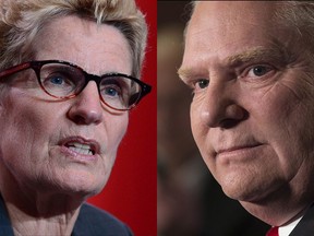 Left: Ontario Premier Kathleen Wynne speaks at the closing news conference at the First Ministers meeting in Ottawa on Tuesday, Oct.3, 2017. Ontario's government has had a report in hand about mercury contamination upstream from the Grassy Narrows First Nation for more than a year, but the premier says she didn't see it. THE CANADIAN PRESS/Sean Kilpatrick   Right: PC Ontario Leadership candidate Doug Ford scrums with journalists at the TVO studios in Toronto on Thursday, February 15, 2018, following a televised debate with fellow candidates Christine Elliott, Tanya Granic Allen, and Caroline Mulroney. THE CANADIAN PRESS/Chris Young