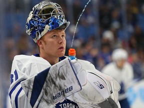 Frederik Andersen of the Toronto Maple Leafs takes a water break before the game against the Buffalo Sabres at KeyBank Center on March 5, 2018 in Buffalo. (Kevin Hoffman/Getty Images)