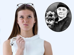 In this stock photo, a women thinks hard next to a picture of Canadian artist Emily Carr.