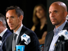 Former NBA players Steve Nash, left, and Jason Kidd looks on during a news conference for the Naismith Memorial Basketball Hall of Fame class of 2018 announcement in San Antonio on Saturday.