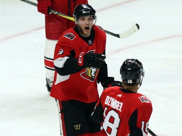 Senators forward Bobby Ryan (9) exults after tipping in a shot for a first-period goal that tied the score 1-1.