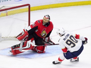 Florida Panthers centre Jared McCann (90) blasts a breakaway shot past Ottawa Senators goaltender Craig Anderson (41) during the second period of NHL hockey action in Ottawa on Tuesday, March 20, 2018.