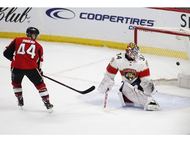 Ottawa Senators centre Jean-Gabriel Pageau scores the game-winning goal on a penalty shot against Florida Panthers goaltender James Reimer during overtime.
