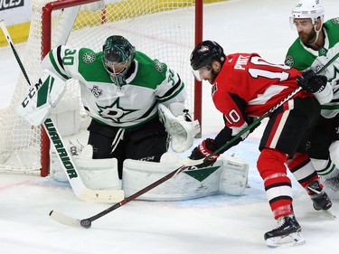 Senators winger Tom Pyatt (10) has the puck, but nowhere to shoot against Stars netminder Ben Bishop on this third-period attempt.