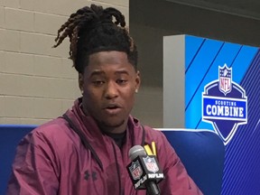 One-handed linebacker prospect Shaquem Griffin, at his NFL Scouting Combine news conference on Saturday afternoon at the Indiana Convention Center in Indianapolis.