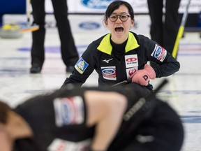 Japan skip Tori Koana calls for the sweep as they face Italy at the World Women's Curling Championship on March 21, 2018 in North Bay, Ont.