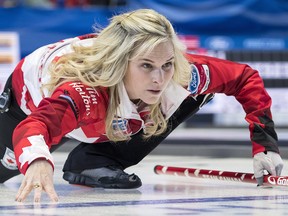 Canada skip Jennifer Jones watches her shot against China at the World Women's Curling Championship in North Bay, Ont., Monday, March 19, 2018. (THE CANADIAN PRESS/Paul Chiasson)