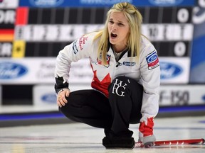 Canada's Jennifer Jones calls a play during the World Women's Curling Championship in North Bay, Ont., Saturday, March 17, 2018.