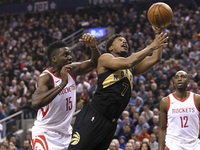 Toronto Raptors guard Kyle Lowry (7) drives to the basket against the Houston Rockets at the Air Canada Centre in Toronto, Ont. on Friday, March 9, 2018. (Veronica Henri/Toronto Sun)