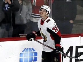 Senators defenceman Thomas Chabot reacts to missing a shot during the shootout in a Feb. 21 game against the Blackhawks.