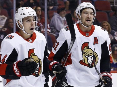 The Ottawa Senators' Jean-Gabriel Pageau (44) celebrates his goal against the Arizona Coyotes with Mark Stone during the first period.