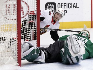 Ottawa Senators left wing Mike Hoffman (68) gets up off the ice after scoring against Dallas Stars goalie Kari Lehtonen (32) of Finland in the second period of an NHL hockey game in Dallas, Monday, March 5, 2018.