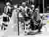 Dallas Stars goalie Kari Lehtonen (32), of Finland, kneels in front of the net as Ottawa Senators' Mark Stone (61), Jean-Gabriel Pageau (44), Matt Duchene and Erik Karlsson, right rear, celebrate a goal scored by Mike Hoffman (not shown) in the second period of an NHL hockey game in Dallas, Monday, March 5, 2018.