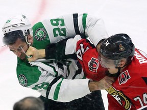 Ottawa Senators defenceman Mark Borowiecki and Dallas Stars defenceman Greg Pateryn trade punches .