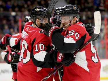 Patrick Sieloff is congratulated after scoring in the first period as the Ottawa Senators take on the Florida Panthers in NHL action at the Canadian Tire Centre in Ottawa.