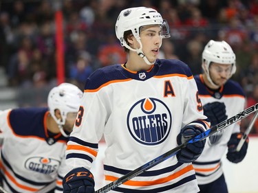 Ryan Nugent-Hopkins waits to take a face-off in the first period as the Ottawa Senators take on the Edmonton Oilers in NHL action at the Canadian Tire Centre in Ottawa.