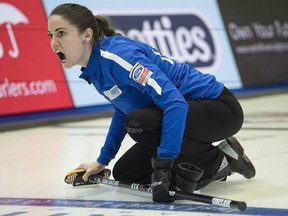 United States skip Jamie Sinclair calls for the sweep as they face Japan at the World Women's Curling Championship in North Bay, Ont., Monday, March 19, 2018. (THE CANADIAN PRESS/Paul Chiasson)