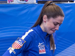 Team USA skip Jamie Sinclair reacts to her team's loss to Russia in the bronze medal game at the World Women's Curling Championship Sunday, March 25, 2018 in North Bay, Ont. THE CANADIAN PRESS/Paul Chiasson