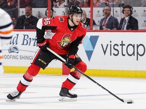 Christian Wolanin of the Ottawa Senators skates with the puck against the Edmonton Oilers at Canadian Tire Centre on March 22, 2018 in Ottawa. (Jana Chytilova/Freestyle Photography/Getty Images)
