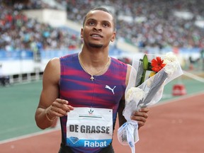 Andre De Grasse of Markham, Ont., seen here in the Mohammed VI track and field meeting in Rabat in 2017, has withdrawn from Canada's team for the Commonwealth Games in Australia.