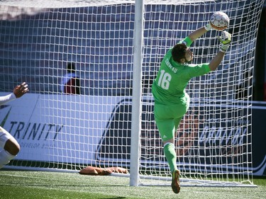 Ottawa Fury FC goalie #16 Maxime Crépeau makes a save against the North Carolina FC during the home opener Saturday April 21, 2018 at TD Place.