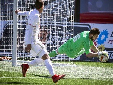 Ottawa Fury FC goalie #16 Maxime Crépeau makes a save against the North Carolina FC during the home opener Saturday April 21, 2018 at TD Place.