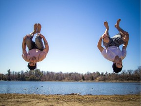 Warmer temperatures hit Ottawa Sunday April 22, 2018 and people were out and about enjoying the sunshine at Mooney's Bay Park. L-R Sheldon Morgan and Brandon Azzie were working on their parkour tricks on the beach Sunday afternoon in the warm sunshine.