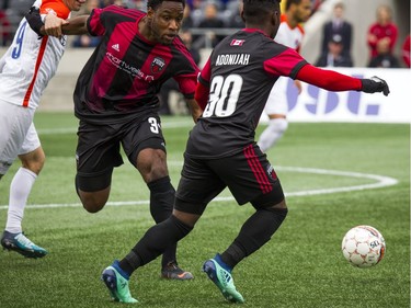 Ottawa Fury FC #30 Adonijah Reid goes for the ball in the first half of the game against Cincinnati FC Saturday April 28, 2018 at TD Place.   Ashley Fraser/Postmedia