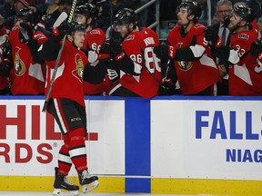 Ottawa Senators forward Max McCormick celebrates his goal against the Buffalo Sabres on Wednesday night. (AP PHOTO)