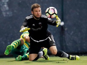 Fury FC goalkeeper Callum Irving scrambles to collect a loose ball during a game against the Rowdies at Tampa last August. Matt May Photography.