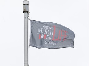 A National March For Life flag flies at Ottawa City Hall. May 11,2017.